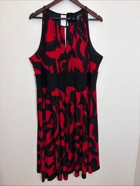 R&M Richards Red Black Sleeveless Patterned Plus Size Dress